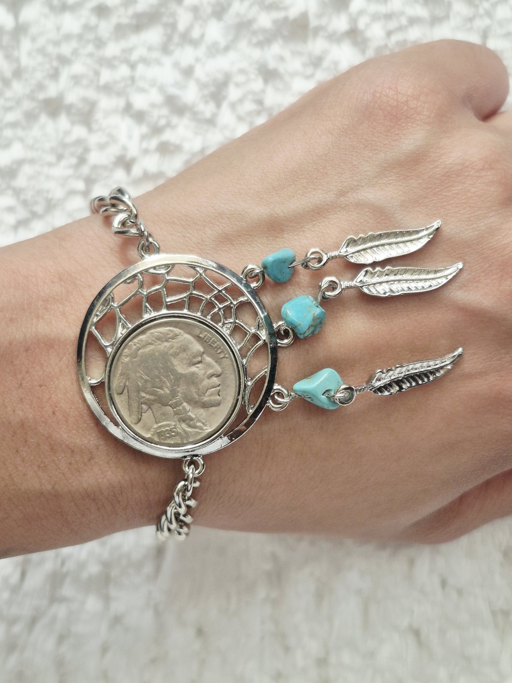 Vintage Silver Dreamcatcher Coin Feather Bracelet
